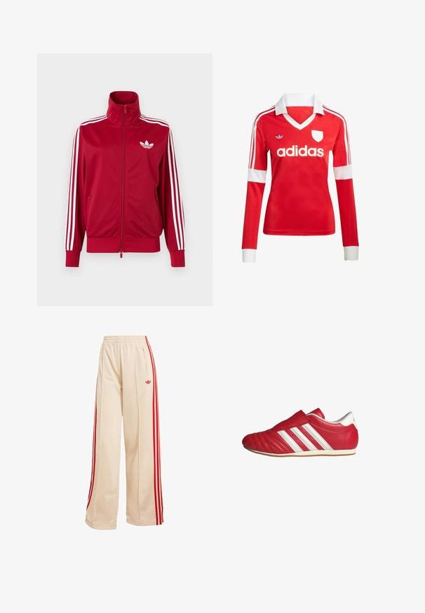 Rote Trainingsjacke mit weißen Drei-Streifen-Details an den Ärmeln, durchgehendem Frontreißverschluss, hohem Kragen und weißem Adidas-Trefoil-Logo auf der Brust.; Rotes Fußballtrikot mit langen Ärmeln, weißem Kragen und weißen Ärmelbündchen. Es hat drei weiße Streifen auf den Schultern und das "adidas"-Logo ist auffällig platziert.; Beige weit geschnittene Jogginghose mit elastischem Bund, roten Seitenstreifen, Reißverschlusstasche und rotem Adidas-Trefoil-Logo am rechten Oberschenkel.; Rote Ledersportschuh mit runder Spitze, strukturiertem Obermaterial, weißen Seitenstreifen und Klettverschluss. Flache Gummisohle für besseren Halt.