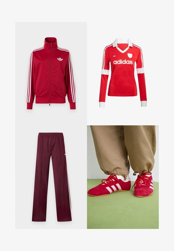 Rode trainingsjas met witte drie-streep details op de mouwen, volledige rits aan de voorkant, hoge kraag en wit Adidas trefoil-logo op de borst.; Rode lange mouwen voetbalshirt met een witte kraag en manchetten. Heeft drie witte strepen op de schouders en het "adidas" logo prominent weergegeven.; Wijnrode trainingsbroek met elastische tailleband, zijzakken met rits, witte zijstrepen en een klein wit Adidas-logo op de rechterdij.; Rode suède sportschoenen met witte strepen, vlakke rubberen zool en rode veters. Draag met beige broeken, gepositioneerd op een groene ondergrond.