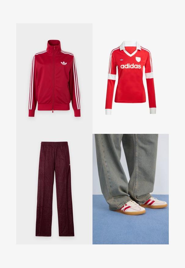Punane jope valgete kolme triibuga varrukatel, täis ees lukk, kõrge krae ja valge Adidas trefoili logo rinnal.; Punane pikade varrukatega jalgpallipluus valge krae ja varrukateotstega. Omab kolme valget triipu õlgadel ja väljapaistvat "adidas" logo.; Bordeaux värvi sportlikud püksid, mis on valmistatud tekstureeritud kangast, elasticse vöökoha ja külgõmblustega sirge jala disainiga.; Valged tennis kingad punaste triipudega, tekstureeritud kangast ülemine osa, ümar varvas, lame kummist tald, koos vabaaja, pleekinud siniste teksadega.