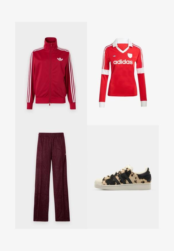 Rød træningstrøje med hvide tre-stribe detaljer på ærmerne, fuld lynlås foran, høj krave og hvidt Adidas trefoil-logo på brystet.; Rød langærmet fodboldtrøje med hvid krave og manchetter. Har tre hvide striber på skuldrene og "adidas" logoet fremtrædende vist.; Bordeaux træningsbukser lavet af tekstureret stof, med elastisk talje og sidesømme for en lige ben-design.; Sko med koshudsmønster i beige og sort, tre sorte striber, hvid gummitå, og struktureret sål. Har snørebånd og branding.
