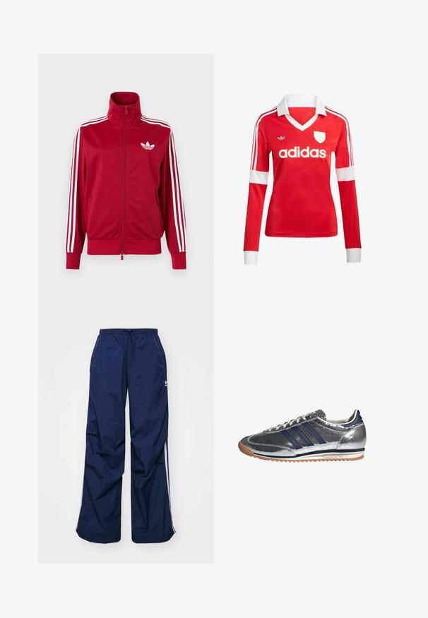 Rode trainingsjas met witte drie-streep details op de mouwen, volledige rits aan de voorkant, hoge kraag en wit Adidas trefoil-logo op de borst.; Rode lange mouwen voetbalshirt met een witte kraag en manchetten. Heeft drie witte strepen op de schouders en het "adidas" logo prominent weergegeven.; Navyblauwe, lichtgewicht broek met elastische taille en trekkoord, voorzien van witte zijstrepen en een klein logo aan de voorkant. Losse pasvorm.; Zilveren synthetische sneaker met marineblauwe strepen, ronde neus, witte voering en gumzool. Heeft een gestructureerde bovenkant en vetersluiting.