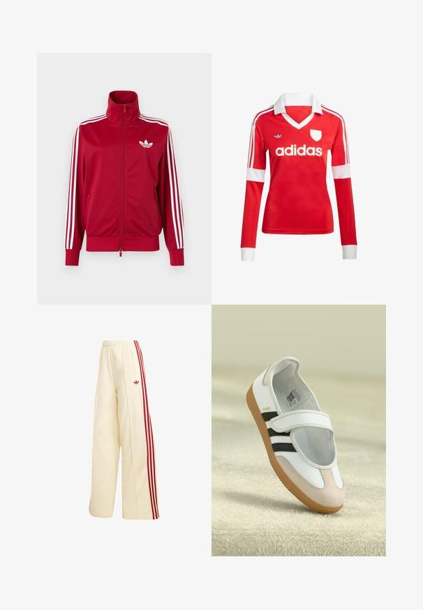 Rode trainingsjas met witte drie-streep details op de mouwen, volledige rits aan de voorkant, hoge kraag en wit Adidas trefoil-logo op de borst.; Rode lange mouwen voetbalshirt met een witte kraag en manchetten. Heeft drie witte strepen op de schouders en het "adidas" logo prominent weergegeven.; Crèmekleurige wijde trainingsbroek met rode zijstrepen, elastische tailleband, ritssluitingzak en rood Adidas-logo op de dij.; Witte schoen met een roze suède neus, zwarte strepen en een klittenbandsluiting. Heeft een tan rubberen zool en een logo aan de zijkant.