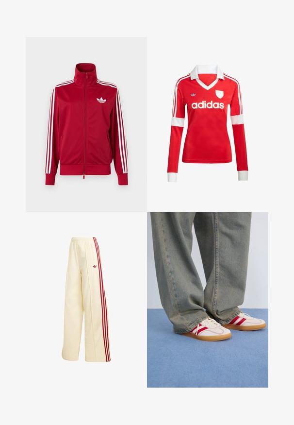 Rote Trainingsjacke mit weißen Drei-Streifen-Details an den Ärmeln, durchgehendem Frontreißverschluss, hohem Kragen und weißem Adidas-Trefoil-Logo auf der Brust.; Rotes Fußballtrikot mit langen Ärmeln, weißem Kragen und weißen Ärmelbündchen. Es hat drei weiße Streifen auf den Schultern und das "adidas"-Logo ist auffällig platziert.; Cremefarbene weite Trainingshose mit roten Seitenstreifen, elastischem Bund, Reißverschlusstasche und rotem Adidas-Logo am Oberschenkel.; Weiße Sneaker mit roten Streifen, Obermaterial aus strukturiertem Canvas, runde Zehenpartie, flache Gummisohle, kombiniert mit lockeren, ausgebleichten blauen Jeanshosen.