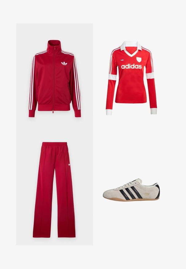 Červená tréningová bunda s bielymi tromi pruhmi na rukávoch, celoprepínací zips vpredu, vysoký golier a biele logo Adidas trefoil na hrudi.; Červený futbalový dres s dlhým rukávom a bielym golierom a manžetami. Na ramenách sú tri biele pruhy a výrazne zobrazené logo "adidas".; Červené široké teplákové nohavice s elastickým pásom, bočnými zipsovými vreckami, bielymi pruhmi po stranách a malým bielym logom na ľavom stehne.; Semišové tenisky so šedým zvrškom, čiernymi pruhmi a gumovou podrážkou. Majú šnurovanie a zlatý logový detail na boku.