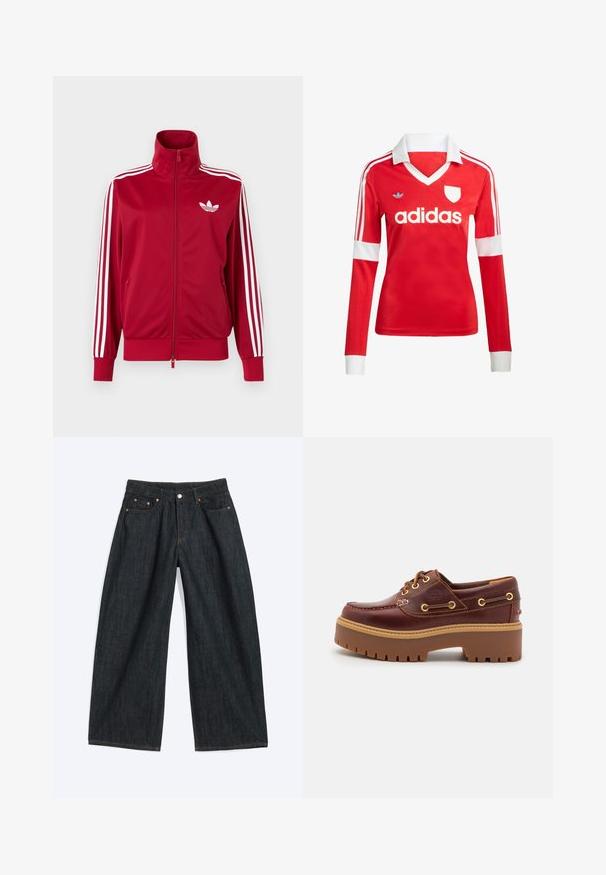 Rød træningstrøje med hvide tre-stribe detaljer på ærmerne, fuld lynlås foran, høj krave og hvidt Adidas trefoil-logo på brystet.; Rød langærmet fodboldtrøje med hvid krave og manchetter. Har tre hvide striber på skuldrene og "adidas" logoet fremtrædende vist.; Mørkeblå vidbenede denimjeans med forlommer og bæltestropper, lagt fladt på en lys baggrund.; Brune læder bådsko med en kraftig brun gummisål, gyldne snørehuller og kontraststing. Har et logo på siden.