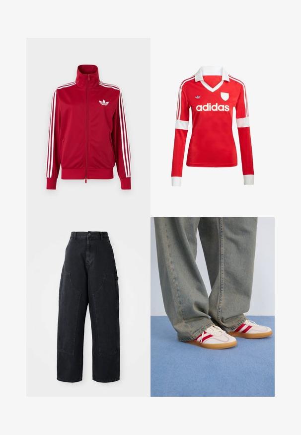 Punane jope valgete kolme triibuga varrukatel, täis ees lukk, kõrge krae ja valge Adidas trefoili logo rinnal.; Punane pikade varrukatega jalgpallipluus valge krae ja varrukateotstega. Omab kolme valget triipu õlgadel ja väljapaistvat "adidas" logo.; Mustad denim laiad sääred cargo püksid kõrge vöökoht, kahe suure ees oleva taskuga ja nööpkinni klõpsuga vöökoht. Sile tekstuur, kõrvaline kujundus.; Valged tennis kingad punaste triipudega, tekstureeritud kangast ülemine osa, ümar varvas, lame kummist tald, koos vabaaja, pleekinud siniste teksadega.