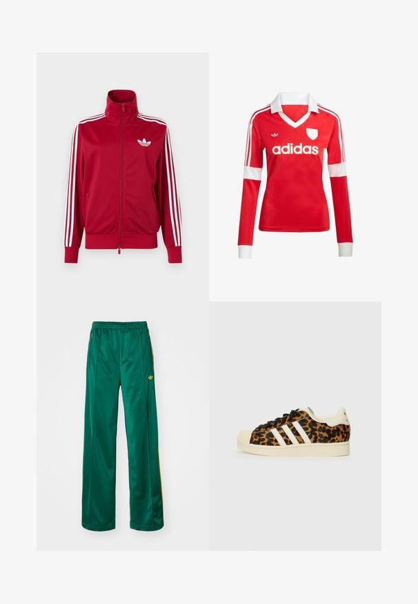 Červená tréningová bunda s bielymi tromi pruhmi na rukávoch, celoprepínací zips vpredu, vysoký golier a biele logo Adidas trefoil na hrudi.; Červený futbalový dres s dlhým rukávom a bielym golierom a manžetami. Na ramenách sú tri biele pruhy a výrazne zobrazené logo "adidas".; Zelené saténové športové nohavice s voľným strihom, s žltými pruhmi a vyšitým logom na ľavej strane. Elastický pás.; Tenisky s leopardím vzorom a čiernymi šnúrkami, biely dizajn s tromi pruhmi, krémová gumová špička a podrážka, textúrovaný horný materiál.