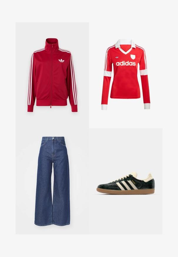 Rød træningstrøje med hvide tre-stribe detaljer på ærmerne, fuld lynlås foran, høj krave og hvidt Adidas trefoil-logo på brystet.; Rød langærmet fodboldtrøje med hvid krave og manchetter. Har tre hvide striber på skuldrene og "adidas" logoet fremtrædende vist.; Bredde ben jeans lavet af mørkeblå denim. Høj talje med lynlås og knaplukning. Har klassisk fem-lomme stil og omfoldede kanter.; adidas Originals SAMBA OG - Sneakers - cream white/collegiate green