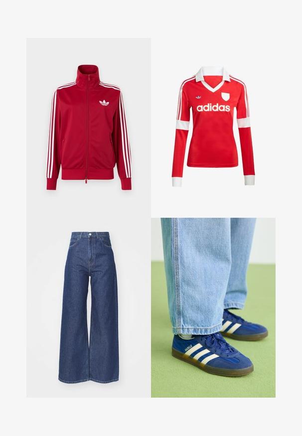 Červená tréningová bunda s bielymi tromi pruhmi na rukávoch, celoprepínací zips vpredu, vysoký golier a biele logo Adidas trefoil na hrudi.; Červený futbalový dres s dlhým rukávom a bielym golierom a manžetami. Na ramenách sú tri biele pruhy a výrazne zobrazené logo "adidas".; Džínsy so širokými nohavicami vyrobené z tmavomodrého denimu. Vysoký pás so zapínaním na zips a gombík. Obsahuje klasický štýl s piatimi vreckami a obšité okraje.; Modré semišové tenisky s bielymi pruhmi a textúrovanými vzormi, obuté s svetlomodrými džínsami, na pozadí zelenej farby.