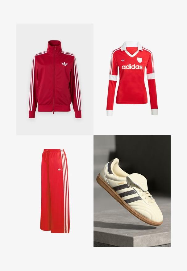 Rød træningstrøje med hvide tre-stribe detaljer på ærmerne, fuld lynlås foran, høj krave og hvidt Adidas trefoil-logo på brystet.; Rød langærmet fodboldtrøje med hvid krave og manchetter. Har tre hvide striber på skuldrene og "adidas" logoet fremtrædende vist.; Røde træningsbukser lavet af let materiale, med bred benudformning, elastisk talje, snøre og tre hvide striber på hver side.; Cremefarvede lædersneakers med tre mørke striber, en brun gummisål og en afrundet tå. Har en foldbar tunge mærket "SAMBA."