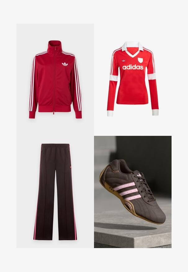 Červená tréningová bunda s bielymi tromi pruhmi na rukávoch, celoprepínací zips vpredu, vysoký golier a biele logo Adidas trefoil na hrudi.; Červený futbalový dres s dlhým rukávom a bielym golierom a manžetami. Na ramenách sú tri biele pruhy a výrazne zobrazené logo "adidas".; Čierne športové nohavice s ružovými bočnými pruhmi, elastickým pásom, vreckami so zipsom a logom Adidas na ľavom stehne.; Hnedé semišové športové topánky s ružovými pruhmi a logom, s textúrovaným vrchom, šnurovaním a gumovou podrážkou.