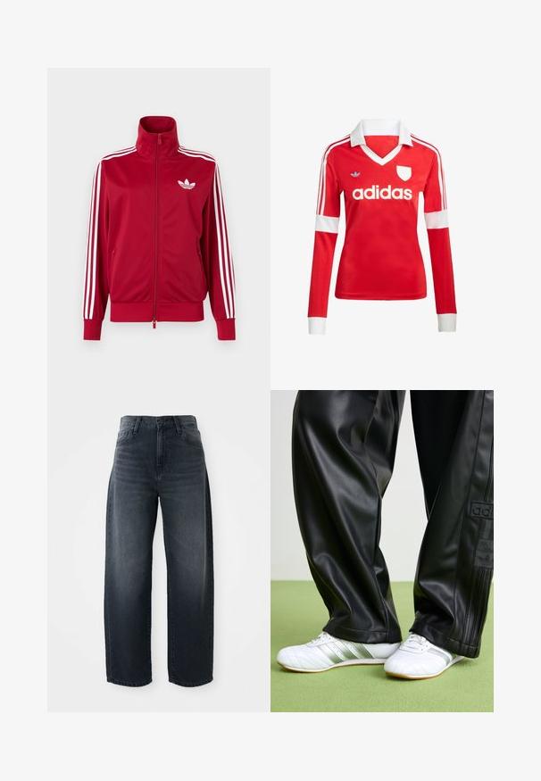 Punane jope valgete kolme triibuga varrukatel, täis ees lukk, kõrge krae ja valge Adidas trefoili logo rinnal.; Punane pikade varrukatega jalgpallipluus valge krae ja varrukateotstega. Omab kolme valget triipu õlgadel ja väljapaistvat "adidas" logo.; Laia teksad tumeda pesu, kõrgema vöökohaga, klassikalise nööbi ja tõmblukuga ning õrna tuhmumisega ees.; Mustast sünteetilisest nahast püksid, mis on lohvakas ja millel on sile tekstuur ning külgpaelad. Komplektis valged tossud hõbedaste detailidega.