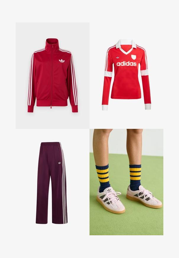 Červená tréningová bunda s bielymi tromi pruhmi na rukávoch, celoprepínací zips vpredu, vysoký golier a biele logo Adidas trefoil na hrudi.; Červený futbalový dres s dlhým rukávom a bielym golierom a manžetami. Na ramenách sú tri biele pruhy a výrazne zobrazené logo "adidas".; Maroonové športové nohavice Adidas s elastickým pásom, tromi bielymi pruhmi na boku, vreckom na zips a vyšívaným logom na ľavom stehne.; Svetloružové semišové tenisky s čiernymi pruhmi a gumovými podrážkami, skombinované s námořníckymi a žltými pruhovanými rebrovanými ponožkami. Zelená textúrovaná podlaha.