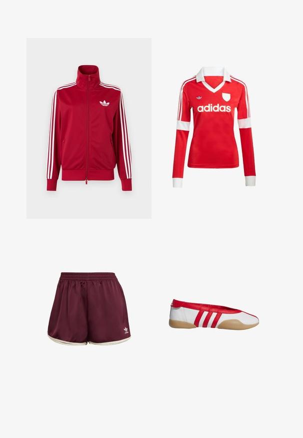 Veste de survêtement rouge avec trois bandes blanches sur les manches, fermeture éclair intégrale à l'avant, col montant et logo trefoil Adidas blanc sur la poitrine.; Maillot de football à manches longues rouge avec un col et des poignets blancs. Présente trois rayures blanches sur les épaules et le logo "adidas" affiché en évidence.; adidas Originals SPRINTER - Short - maroon cream white; Chaussure plate rouge et blanche avec un bout arrondi, fabriquée en matériau synthétique lisse. Dotée de trois bandes rouges et d'une semelle en caoutchouc couleur tan.