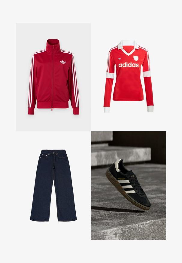 Rote Trainingsjacke mit weißen Drei-Streifen-Details an den Ärmeln, durchgehendem Frontreißverschluss, hohem Kragen und weißem Adidas-Trefoil-Logo auf der Brust.; Rotes Fußballtrikot mit langen Ärmeln, weißem Kragen und weißen Ärmelbündchen. Es hat drei weiße Streifen auf den Schultern und das "adidas"-Logo ist auffällig platziert.; Dunkelblaue, weit geschnittene Jeans aus Denim. Zu den Merkmalen gehören fünf Taschen, Gürtelschlaufen und kontrastierende orangefarbene Nähte. Keine Muster oder Verzierungen.; Schwarzer Adidas-Sneaker mit weißen Streifen und Gummisohle schwebt über grauen Betonstufen im natürlichen Licht.