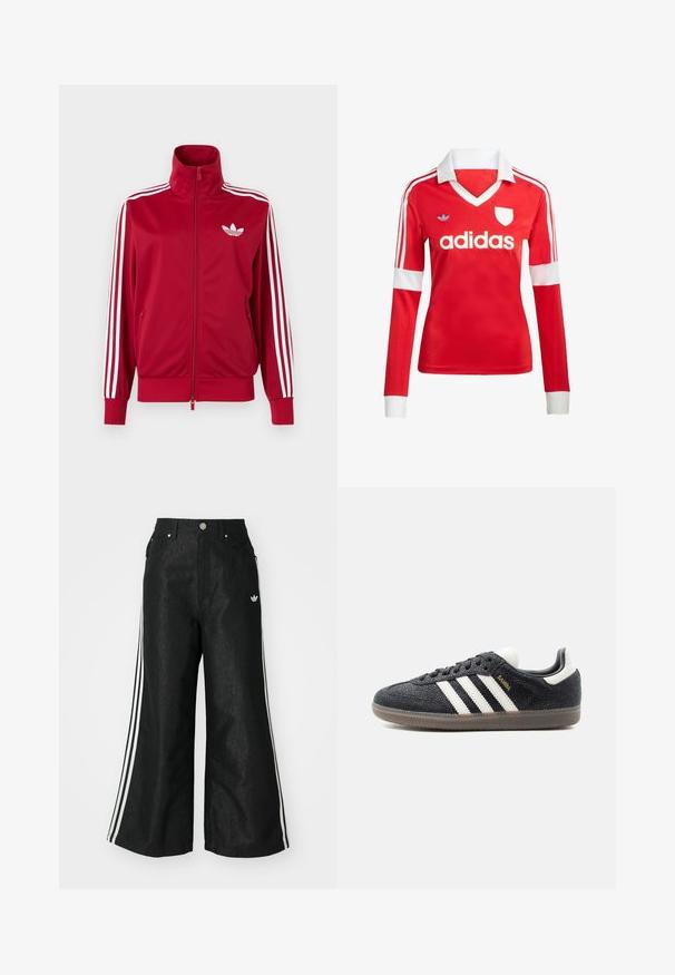 Rode trainingsjas met witte drie-streep details op de mouwen, volledige rits aan de voorkant, hoge kraag en wit Adidas trefoil-logo op de borst.; Rode lange mouwen voetbalshirt met een witte kraag en manchetten. Heeft drie witte strepen op de schouders en het "adidas" logo prominent weergegeven.; Zwarte denim broek met wijde pijpen, voorzien van drie witte strepen aan elke zijkant en een klein wit logo. Heeft voorzakken en een knoopsluiting.; Zwarte Adidas Samba sneaker met witte strepen, gumzool en gouden "Samba" tekst aan de zijkant, gezien van links op een effen achtergrond.