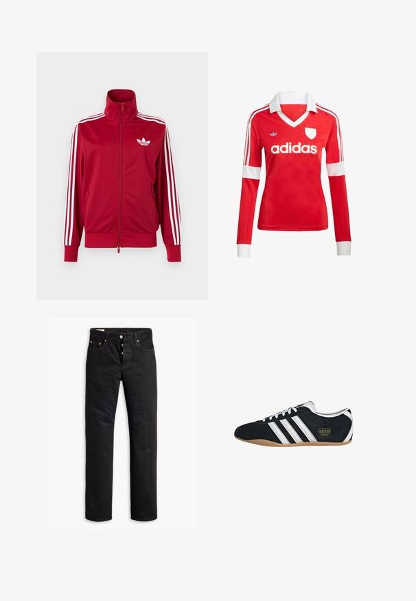 Rød træningstrøje med hvide tre-stribe detaljer på ærmerne, fuld lynlås foran, høj krave og hvidt Adidas trefoil-logo på brystet.; Rød langærmet fodboldtrøje med hvid krave og manchetter. Har tre hvide striber på skuldrene og "adidas" logoet fremtrædende vist.; Sorte denimjeans med lige pasform, fem lomme-design og knaplukning. Har kobbernitter og syningsdetaljer.; Sort ruskinds sneaker med hvide tre striber, guldlogo og en brun gummisål. Har et lavprofil snørebåndsdesign.