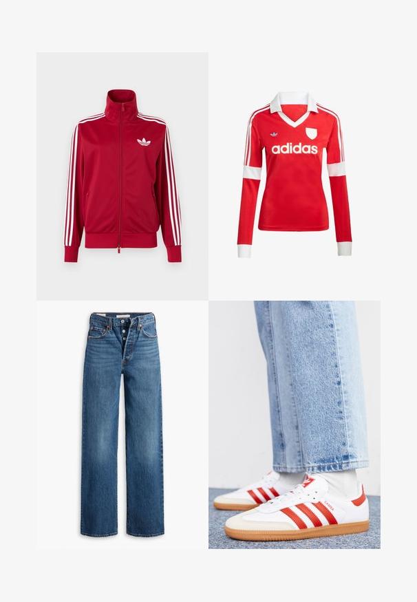 Červená tréningová bunda s bielymi tromi pruhmi na rukávoch, celoprepínací zips vpredu, vysoký golier a biele logo Adidas trefoil na hrudi.; Červený futbalový dres s dlhým rukávom a bielym golierom a manžetami. Na ramenách sú tri biele pruhy a výrazne zobrazené logo "adidas".; Modré džínsy s širokými nohavicami, piatimi vreckami, zapínaním na gombíky a kontrastným prešívaním. Štruktúrovaná tkanina s vyblednutým povrchom.; Biele kožené tenisky s červenými pruhmi a akcentmi. Majú štruktúrovanú gumovú podrážku a polstrovaný golier. Nosené s svetlomodrými džínsami.