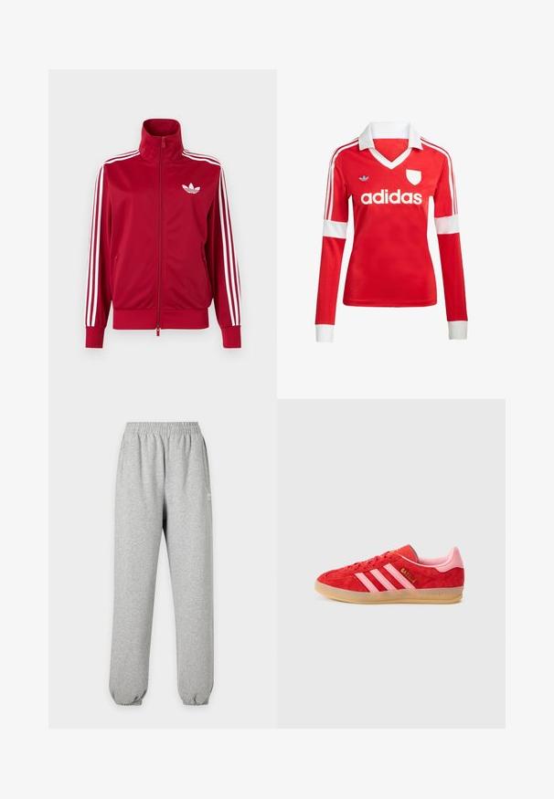Punane jope valgete kolme triibuga varrukatel, täis ees lukk, kõrge krae ja valge Adidas trefoili logo rinnal.; Punane pikade varrukatega jalgpallipluus valge krae ja varrukateotstega. Omab kolme valget triipu õlgadel ja väljapaistvat "adidas" logo.; Heledat hallid dressipüksid elastse vöökohaga ja mansettidega, küljetaskud ning väike valge logo reie ülaosas.; Punase seemisnaha tossud roosade detailidega ja kolme valge triibuga; kummist pruun tald; tikitud tekst küljel ja kontsal. Klassikaline sportlik disain.