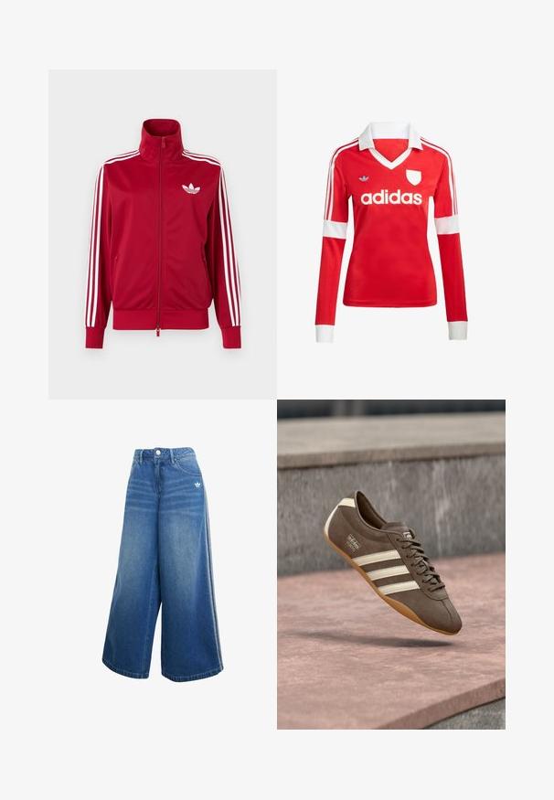 Červená tréningová bunda s bielymi tromi pruhmi na rukávoch, celoprepínací zips vpredu, vysoký golier a biele logo Adidas trefoil na hrudi.; Červený futbalový dres s dlhým rukávom a bielym golierom a manžetami. Na ramenách sú tri biele pruhy a výrazne zobrazené logo "adidas".; Džíny s širokými nohavicami v stredne modrej farbe, s vysokým pásom, jemnými švovými detailmi a malým bielym logom na prednej strane.; Hnedá semišová teniska s bielymi pruhmi a logom, so zaoblenou špičkou a podrážkou z gumy farby gumy, zavesená nad štruktúrovaným povrchom.