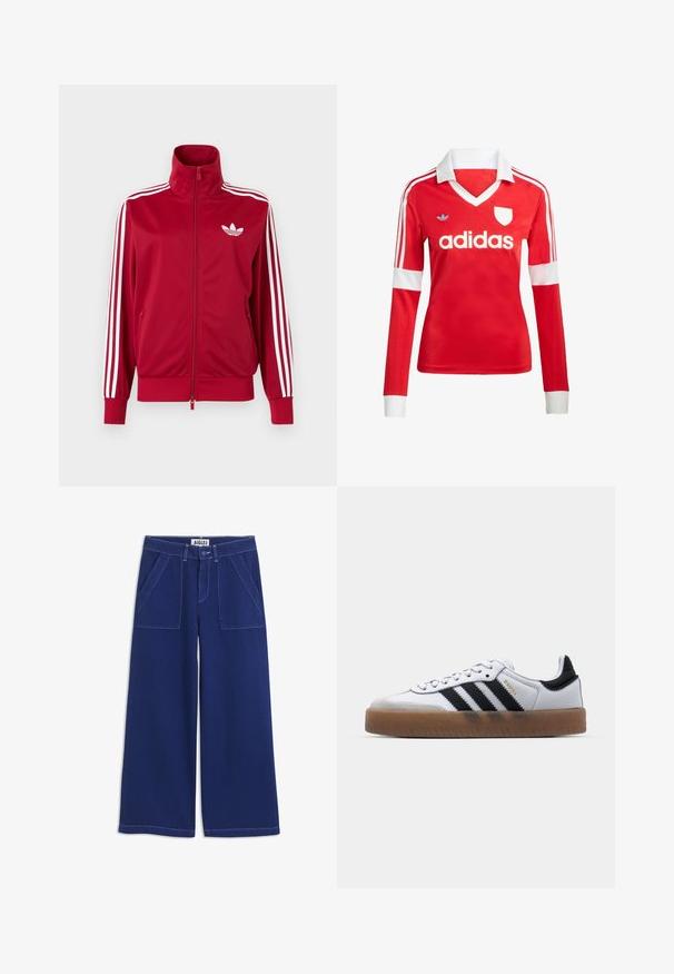 Veste de survêtement rouge avec trois bandes blanches sur les manches, fermeture éclair intégrale à l'avant, col montant et logo trefoil Adidas blanc sur la poitrine.; Maillot de football à manches longues rouge avec un col et des poignets blancs. Présente trois rayures blanches sur les épaules et le logo "adidas" affiché en évidence.; Pantalon large bleu marine avec poches plaquées à l'avant, passants de ceinture, fermeture par bouton et coutures blanches visibles sur fond blanc.; Baskets en cuir blanc avec des rayures noires, semelle extérieure en caoutchouc beige, bout rond, fermeture lacée et embout en suède gris doux.