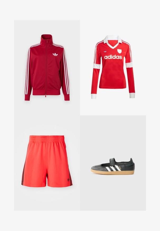 Rød træningstrøje med hvide tre-stribe detaljer på ærmerne, fuld lynlås foran, høj krave og hvidt Adidas trefoil-logo på brystet.; Rød langærmet fodboldtrøje med hvid krave og manchetter. Har tre hvide striber på skuldrene og "adidas" logoet fremtrædende vist.; Røde atletiske shorts lavet af letvægtsmateriale med elastisk talje, med tre sorte lodrette striber på hver side og logo.; Sort læder- og ruskinds sneakers med en Velcro-rem, der har tre hvide striber og en gummisål, mærket "SAMBA" på siden.