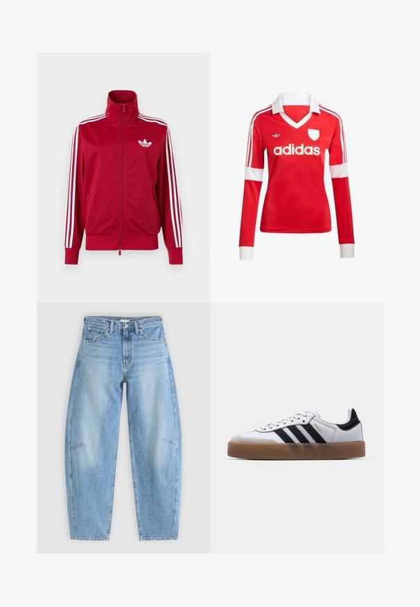 Rode trainingsjas met witte drie-streep details op de mouwen, volledige rits aan de voorkant, hoge kraag en wit Adidas trefoil-logo op de borst.; Rode lange mouwen voetbalshirt met een witte kraag en manchetten. Heeft drie witte strepen op de schouders en het "adidas" logo prominent weergegeven.; Lichtblauwe denim jeans met een relaxte pasvorm, met een hoge taille, rechte pijpen en subtiele stiksels op de voorzakken.; Witte leren sneakers met zwarte strepen, gumrubberen buitenzool, ronde neus, vetersluiting en een zachte grijze suède neuskap.