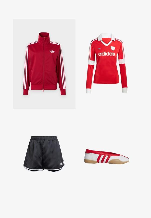 Rode trainingsjas met witte drie-streep details op de mouwen, volledige rits aan de voorkant, hoge kraag en wit Adidas trefoil-logo op de borst.; Rode lange mouwen voetbalshirt met een witte kraag en manchetten. Heeft drie witte strepen op de schouders en het "adidas" logo prominent weergegeven.; Zwarte sportshorts van glad synthetisch materiaal, met witte zijaccenten en een geborduurd logo op de linkerbenedenhoek.; Rode en witte platte schoen met een afgeronde neus, gemaakt van glad synthetisch materiaal. Heeft drie rode strepen en een beige rubberen zool.