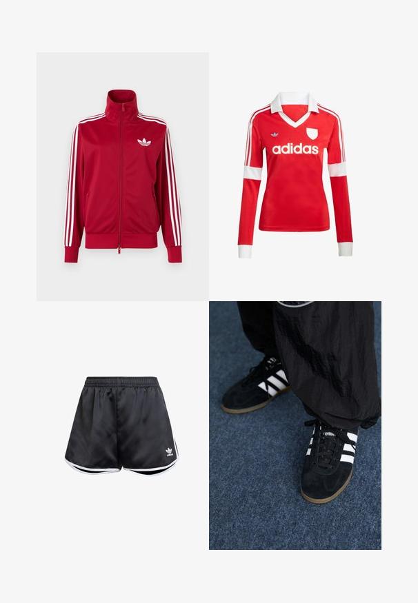 Rød træningstrøje med hvide tre-stribe detaljer på ærmerne, fuld lynlås foran, høj krave og hvidt Adidas trefoil-logo på brystet.; Rød langærmet fodboldtrøje med hvid krave og manchetter. Har tre hvide striber på skuldrene og "adidas" logoet fremtrædende vist.; Sorte atletiske shorts lavet af glat syntetisk materiale, med hvide sideakcenter og et broderet logo nederst til venstre.; Sorte suedetrainingssko med tre hvide striber og sorte snørebånd. Et tekstureret sort bukser er delvist synligt ved siden af skoene.