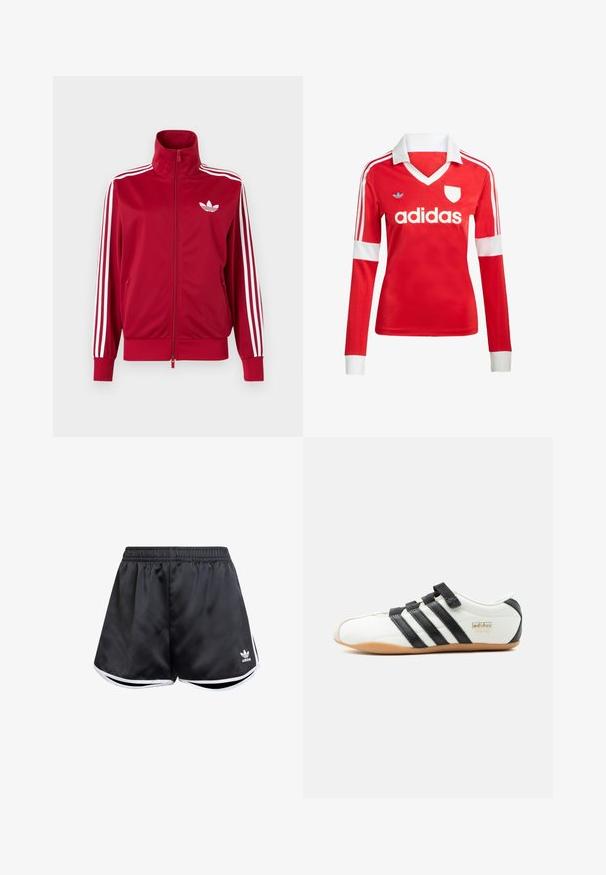 Punane jope valgete kolme triibuga varrukatel, täis ees lukk, kõrge krae ja valge Adidas trefoili logo rinnal.; Punane pikade varrukatega jalgpallipluus valge krae ja varrukateotstega. Omab kolme valget triipu õlgadel ja väljapaistvat "adidas" logo.; Mustad mustad sportlikud lühikesed püksid siledast sünteetilisest materjalist, valgete külgaktsentidega ja all vasakul oleva tikandiga logoga.; Valge Adidas Tokyo tennari mustade triipude, mustade takjakinnitustega ja kummist tallaga, näidatud küljelt valgel taustal.