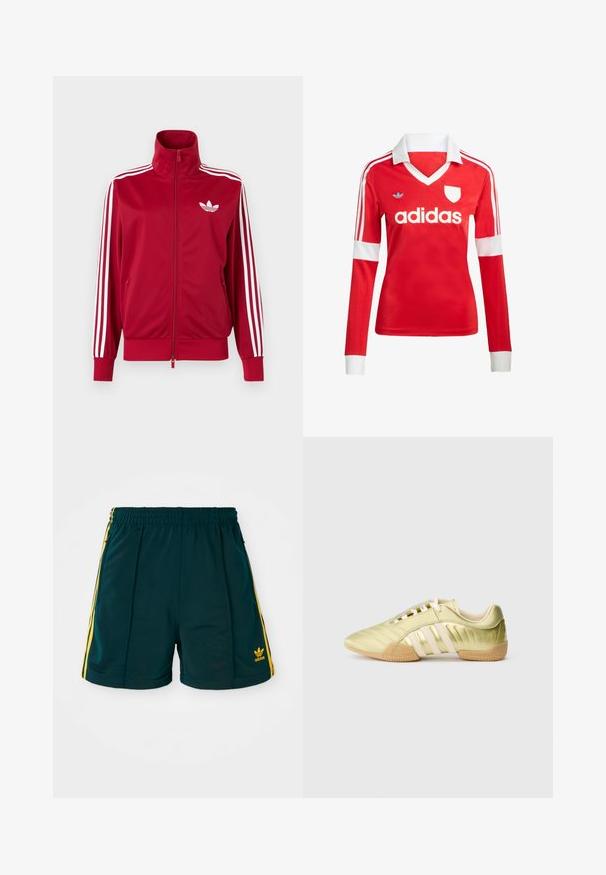 Rød træningstrøje med hvide tre-stribe detaljer på ærmerne, fuld lynlås foran, høj krave og hvidt Adidas trefoil-logo på brystet.; Rød langærmet fodboldtrøje med hvid krave og manchetter. Har tre hvide striber på skuldrene og "adidas" logoet fremtrædende vist.; Mørkegrønne sportsshorts med elastisk talje, prydet med gule sidelister og et broderet gult logo på underbenet.; Limegrøn syntetisk sportssko med en glat tekstur, der har tre hvide striber, en blød indvendig foring og en tekstureret gummiydersål.