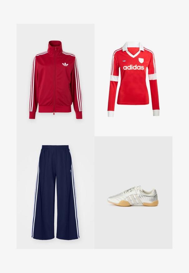 Rød træningstrøje med hvide tre-stribe detaljer på ærmerne, fuld lynlås foran, høj krave og hvidt Adidas trefoil-logo på brystet.; Rød langærmet fodboldtrøje med hvid krave og manchetter. Har tre hvide striber på skuldrene og "adidas" logoet fremtrædende vist.; adidas Originals PANT - Træningsbukser - night indigo; Sølvfarvet sportssko med en glat læderoverdel, gummisål og teksturerede detaljer. Har et buet design og tonede snørebånd.