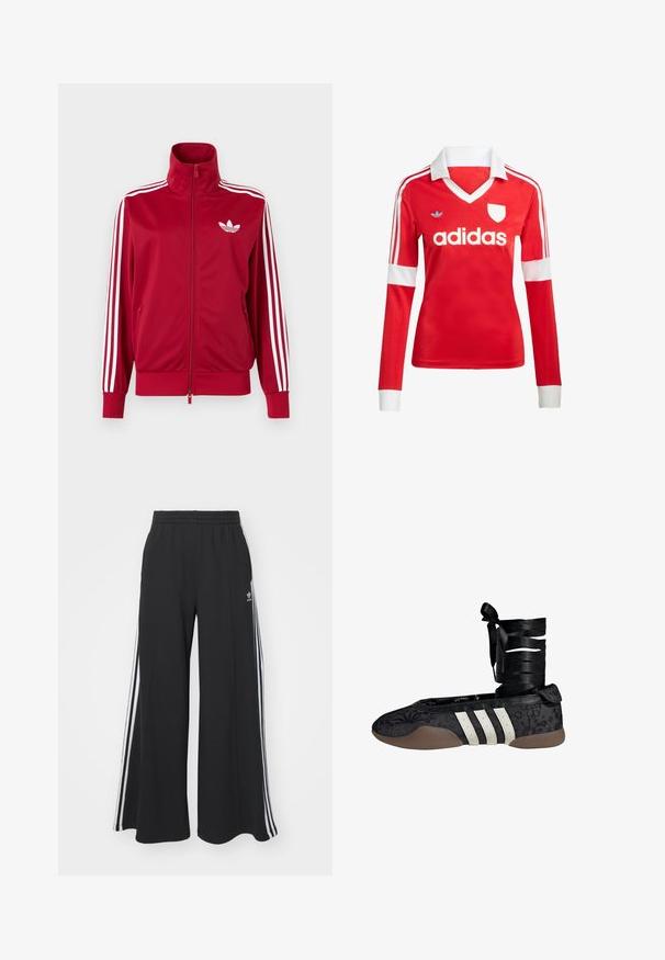 Rode trainingsjas met witte drie-streep details op de mouwen, volledige rits aan de voorkant, hoge kraag en wit Adidas trefoil-logo op de borst.; Rode lange mouwen voetbalshirt met een witte kraag en manchetten. Heeft drie witte strepen op de schouders en het "adidas" logo prominent weergegeven.; Zwarte broek met wijde pijpen en een elastische tailleband, met drie witte strepen langs de buitenkant en een klein logo aan de voorkant.; Zwarte ballerinaschoen met bloemenpatroon, wit drie-strepenontwerp en een stoffen enkelband. Gestructureerd materiaal en een flexibele bruine zool.
