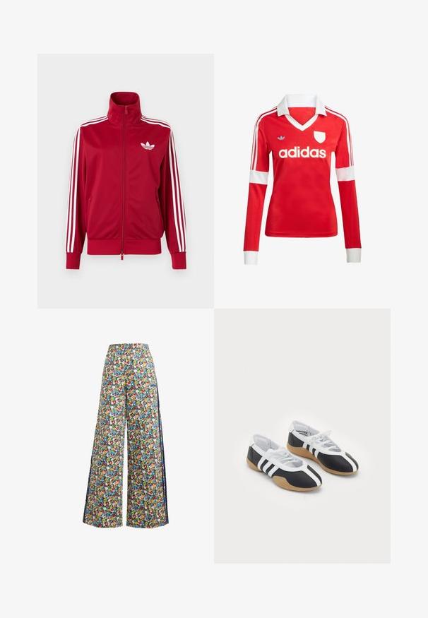 Červená tréningová bunda s bielymi tromi pruhmi na rukávoch, celoprepínací zips vpredu, vysoký golier a biele logo Adidas trefoil na hrudi.; Červený futbalový dres s dlhým rukávom a bielym golierom a manžetami. Na ramenách sú tri biele pruhy a výrazne zobrazené logo "adidas".; Široké květinové nohavice s modrým pozadím, které mají pestrý vzor červených, žlutých a modrých květin a elastický pás.; Čierne a biele športové topánky s elegantným dizajnom, gumovou podrážkou, šnurovaním a tromi bielymi prúžkami na bokoch.