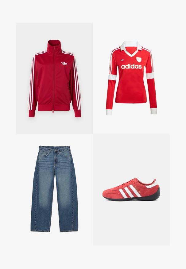 Veste de survêtement rouge avec trois bandes blanches sur les manches, fermeture éclair intégrale à l'avant, col montant et logo trefoil Adidas blanc sur la poitrine.; Maillot de football à manches longues rouge avec un col et des poignets blancs. Présente trois rayures blanches sur les épaules et le logo "adidas" affiché en évidence.; Jean bleu à large jambe en denim, avec un design classique à cinq poches, un lavage délavé et des coutures ton sur ton.; Chaussure de sport en daim rouge avec motif à trois bandes blanches, semelle en caoutchouc noire et forme minimaliste. Détail du logo doré sur le côté.