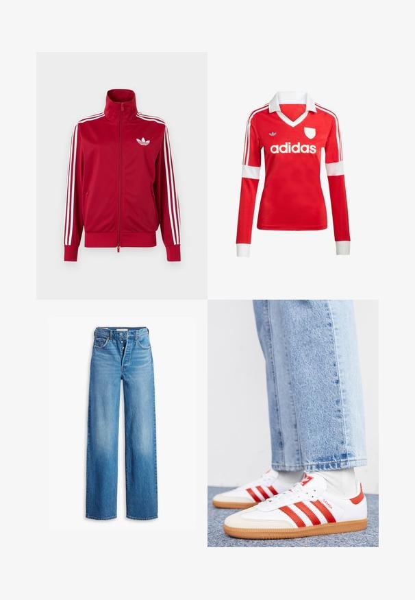 Rote Trainingsjacke mit weißen Drei-Streifen-Details an den Ärmeln, durchgehendem Frontreißverschluss, hohem Kragen und weißem Adidas-Trefoil-Logo auf der Brust.; Rotes Fußballtrikot mit langen Ärmeln, weißem Kragen und weißen Ärmelbündchen. Es hat drei weiße Streifen auf den Schultern und das "adidas"-Logo ist auffällig platziert.; Blaue Denim-Jeans mit hoher Taille, weitem Bein-Design und Fünf-Taschen-Stil. Sie verfügen über einen Knopfverschluss und ein verwaschenes Finish.; Weiße Leder Sneaker mit roten Streifen und Akzenten. Verfügt über eine strukturierte Gummi-Laufsohle und einen gepolsterten Schaft. Tragen mit hellblauer Jeans.