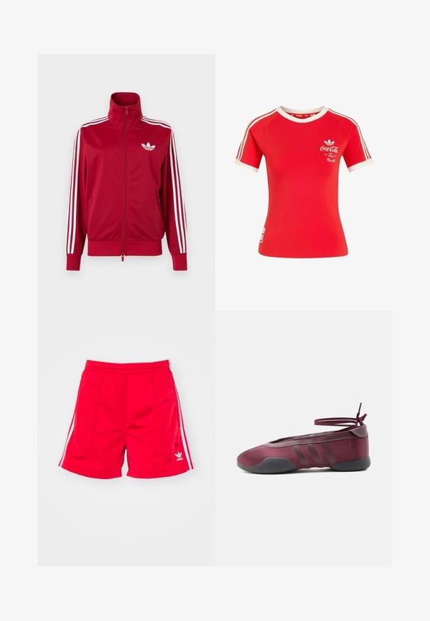 Rode trainingsjas met witte drie-streep details op de mouwen, volledige rits aan de voorkant, hoge kraag en wit Adidas trefoil-logo op de borst.; Rode Adidas T-shirt met korte mouwen, witte strepen op de mouwen, een witte kraag en een Coca-Cola-logo met de tekst "Ice Cold" op de borst.; Rode sportieve shorts met een elastische tailleband, voorzien van witte zijstreepjes en een geborduurd logo aan de onderste linkerkant. Glad textuur.; Bordeauxrode ballerina met zwarte zool, elastische enkelbandjes die in een strik zijn gebonden, en gestikte details aan de zijkanten, gezien vanaf de buitenkant.
