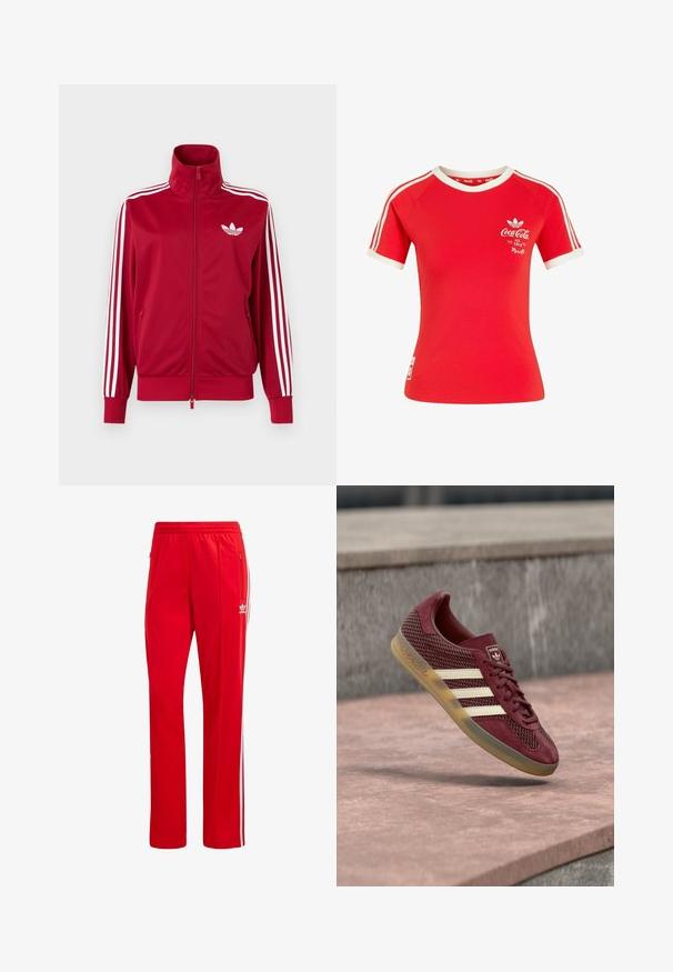 Rode trainingsjas met witte drie-streep details op de mouwen, volledige rits aan de voorkant, hoge kraag en wit Adidas trefoil-logo op de borst.; Rode Adidas T-shirt met korte mouwen, witte strepen op de mouwen, een witte kraag en een Coca-Cola-logo met de tekst "Ice Cold" op de borst.; Rode sportieve broek van polyester, met witte zijstrepen en een elastische tailleband. Inclusief ritszakken voor opslag.; Maroon sneaker met mesh- en suède materialen. Heeft drie witte strepen, een ronde neus en een gumzool. Achterzijde heeft een logodetail.