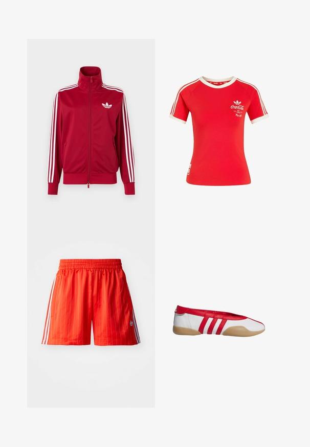 Rød træningstrøje med hvide tre-stribe detaljer på ærmerne, fuld lynlås foran, høj krave og hvidt Adidas trefoil-logo på brystet.; Rød Adidas T-shirt med korte ærmer, hvide striber på ærmerne, hvid krave og Coca-Cola-logo med teksten "Ice Cold" på brystet.; Røde sportsshorts med lodrette hvide striber, elastisk talje og lyseblå detaljer langs siderne. Har sidelommer.; Rød og hvid flad sko med rund tå, lavet af glat syntetisk materiale. Har tre røde striber og en tanfarvet gummisål.