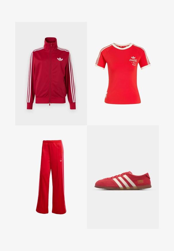 Rød træningstrøje med hvide tre-stribe detaljer på ærmerne, fuld lynlås foran, høj krave og hvidt Adidas trefoil-logo på brystet.; Rød Adidas T-shirt med korte ærmer, hvide striber på ærmerne, hvid krave og Coca-Cola-logo med teksten "Ice Cold" på brystet.; Røde atletiske bukser med brede ben, elastisk talje og sidelomme med lynlås. Har et lille hvidt logo på venstre side. Glat tekstur.; Røde ruskinds sneakers med hvidt tre-stripes design, flad ydersål og guld logo detalje. Lavskåren design med afrundet tå og snørebåndslukning.