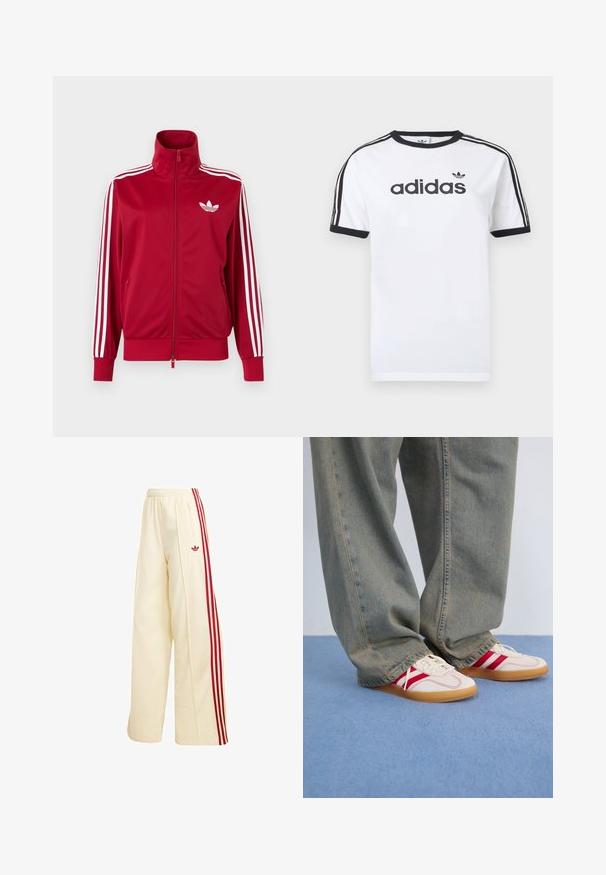 Chaqueta deportiva roja con detalles de tres franjas blancas en las mangas, cremallera completa en el frente, cuello alto y el logo de trébol de Adidas en blanco en el pecho.; Camiseta blanca de algodón con detalles en negro, presenta un cuello redondo, mangas cortas, tres rayas negras en los hombros y el logo "adidas" en negro.; Pantalones deportivos de pierna ancha en color crema con rayas rojas en los laterales, cintura elástica, bolsillo con cremallera y logo rojo de Adidas en el muslo.; Zapatillas blancas con rayas rojas, parte superior de lona texturizada, puntera redonda, suela plana de goma, combinadas con pantalones vaqueros azul claro y holgados.