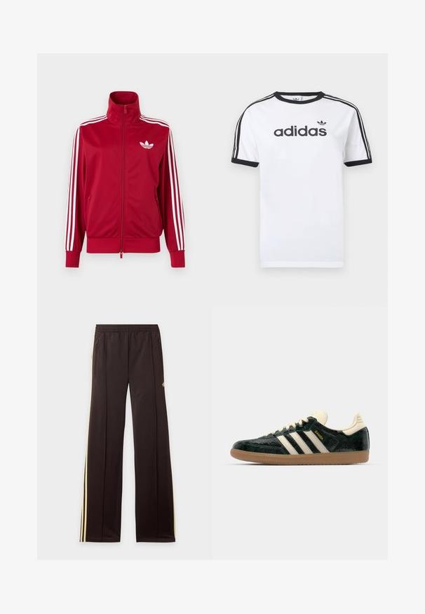 Rød træningstrøje med hvide tre-stribe detaljer på ærmerne, fuld lynlås foran, høj krave og hvidt Adidas trefoil-logo på brystet.; Hvid bomulds-T-shirt med sorte detaljer, har rundt halsudskæring, korte ærmer, tre sorte striber på skuldrene og adidas-logo i sort.; Sorte træningsbukser med gule sidelister, elastisk taljebånd, lynlåslommer i siderne og en lille logo på den øvre lår.; adidas Originals SAMBA OG - Sneakers - cream white/collegiate green