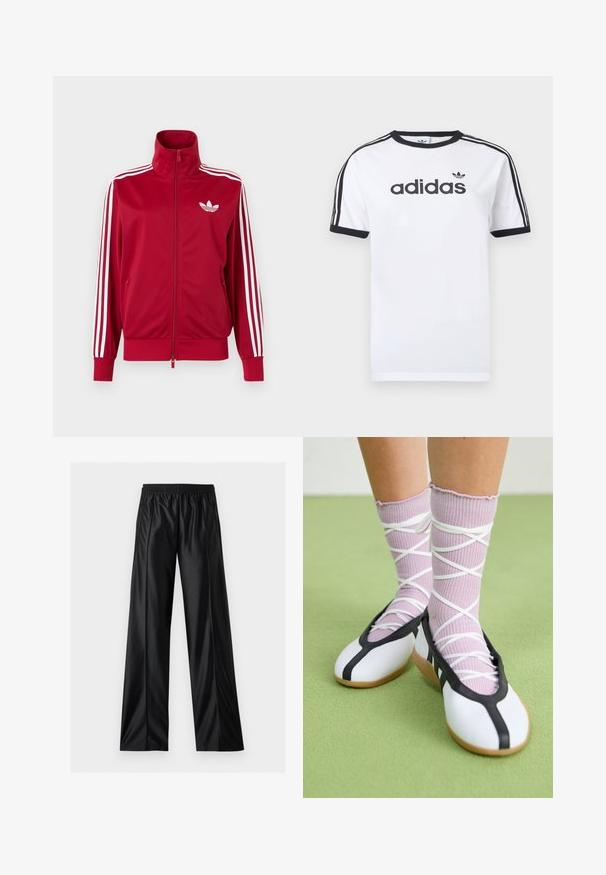 Chaqueta deportiva roja con detalles de tres franjas blancas en las mangas, cremallera completa en el frente, cuello alto y el logo de trébol de Adidas en blanco en el pecho.; Camiseta blanca de algodón con detalles en negro, presenta un cuello redondo, mangas cortas, tres rayas negras en los hombros y el logo "adidas" en negro.; Pantalones negros de pierna ancha de piel sintética con cintura elástica y bolsillos laterales con cremallera, mostrados sobre un fondo blanco.; Piernas con calcetines lavanda acanalados con tiras blancas cruzadas combinados con bailarinas blancas con ribete negro sobre un suelo verde.