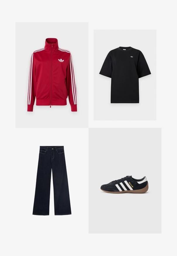 Rød træningstrøje med hvide tre-stribe detaljer på ærmerne, fuld lynlås foran, høj krave og hvidt Adidas trefoil-logo på brystet.; Sort T-shirt med korte ærmer og rund halsudskæring med lille hvid Adidas Trefoil-logo på venstre bryst, vist på en ensartet lys baggrund.; Viddebenede jeans i mørkeblå denim med gul syning, fem lommer og en knaplukning. Glat tekstur, afslappet design.; Sort ruskindssneaker med tre hvide striber, gummisål og et lille gyldent logo på siden. Har en glat sort foring indvendigt.