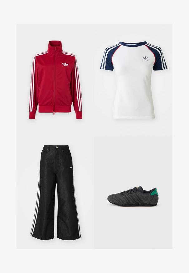 Chaqueta deportiva roja con detalles de tres franjas blancas en las mangas, cremallera completa en el frente, cuello alto y el logo de trébol de Adidas en blanco en el pecho.; Camiseta de algodón blanca con mangas raglán azul marino, que presenta tres franjas blancas y un pequeño logo de Adidas negro en el pecho. Acentos rojos.; Pantalones de denim anchos y negros con tres franjas blancas en cada lado y un pequeño logo blanco. Cuenta con bolsillos frontales y un cierre de botón.; Zapatilla negra de perfil bajo con un sutil patrón floral, cordones negros, lengüeta trasera verde y logo dorado en la lengüeta y el talón.