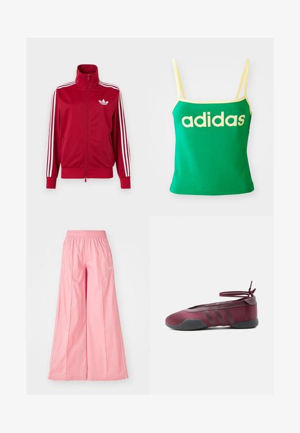 Chaqueta deportiva roja con detalles de tres franjas blancas en las mangas, cremallera completa en el frente, cuello alto y el logo de trébol de Adidas en blanco en el pecho.; Top verde con detalles amarillos, hecho de material elástico. Presenta un gran logo de "adidas" amarillo en el frente y tirantes delgados.; Pantalones de pierna ancha en color rosa, hechos de un tejido ligero, con una cintura elástica y sutiles rayas blancas en los laterales. Pequeño logotipo en la parte delantera.; Bailarina burdeos con suela negra, tiras elásticas en el tobillo atadas en moño y detalles cosidos en los laterales, vista desde el lado exterior.