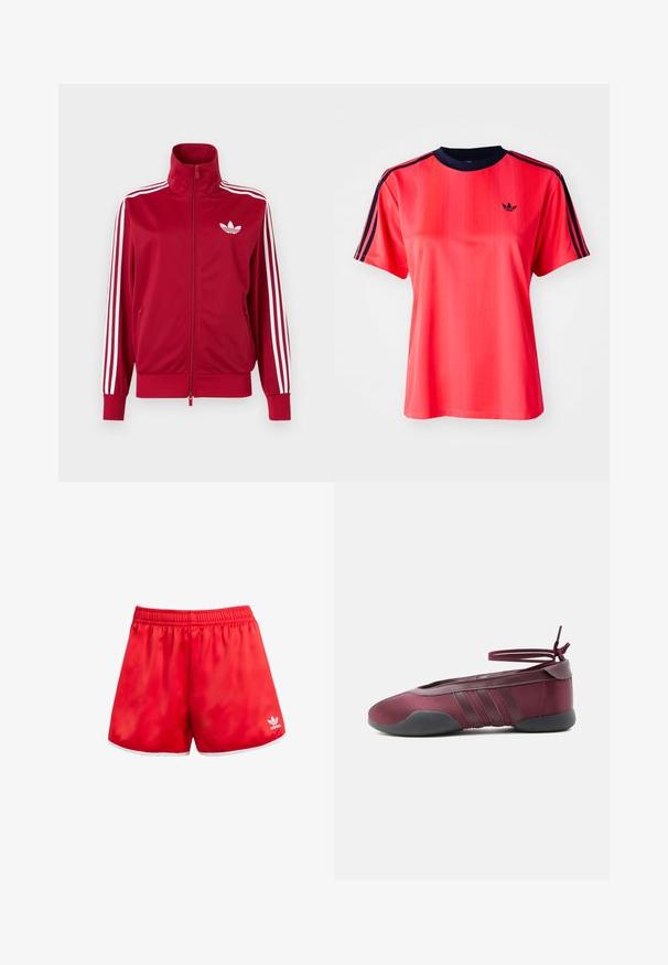 Rød træningstrøje med hvide tre-stribe detaljer på ærmerne, fuld lynlås foran, høj krave og hvidt Adidas trefoil-logo på brystet.; Rød sports t-shirt med korte ærmer, der har lodrette striber, en marineblå rund hals og et lille sort logo på forsiden.; Røde sportsbukser med elastisk talje, hvid kant ved sømmen og en subtil glans. Har Adidas-logoet i hvid på den nederste venstre side.; Burgunderfarvet balletsko med sort sål, elastiske ankelstropper bundet i sløjfe og syninger på siderne, vist fra ydersiden.