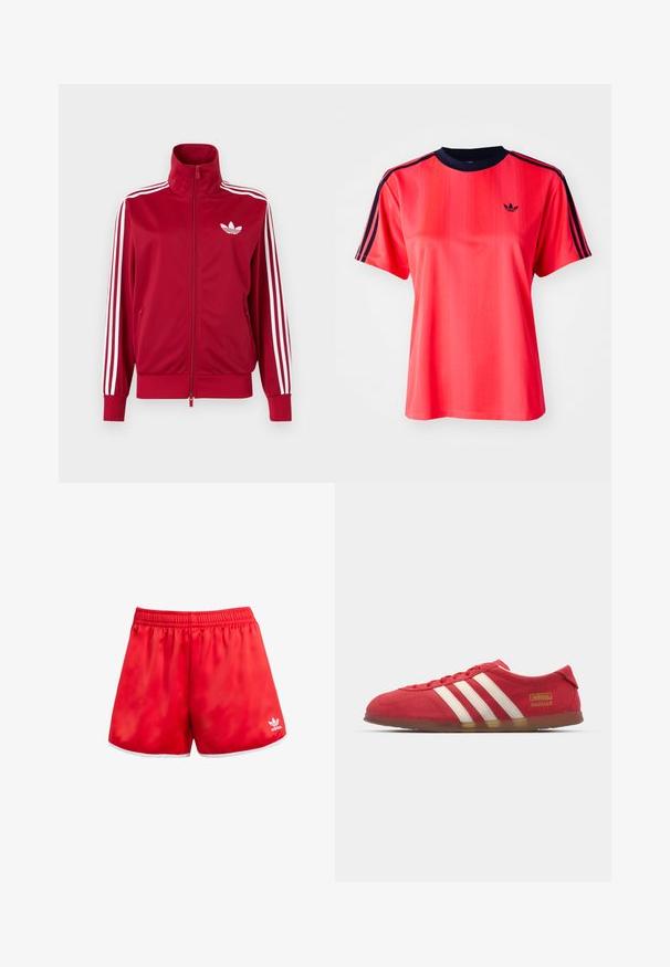 Rote Trainingsjacke mit weißen Drei-Streifen-Details an den Ärmeln, durchgehendem Frontreißverschluss, hohem Kragen und weißem Adidas-Trefoil-Logo auf der Brust.; Rotes sportliches T-Shirt mit kurzen Ärmeln, das von vertikalen Streifen, einem marineblauen Rundhalsausschnitt und einem kleinen schwarzen Logo auf der Vorderseite geprägt ist.; Rote Sportshorts mit elastischem Bund, weißem Saum und einem subtilen Glanz. Mit dem weißen Adidas-Logo auf der unteren linken Seite.; Rote Wildledersneaker mit weißem Drei-Streifen-Design, flacher Außensohle und goldenen Logodetails. Niedrig geschnittenes Design mit runder Zehenpartie und Schnürverschluss.