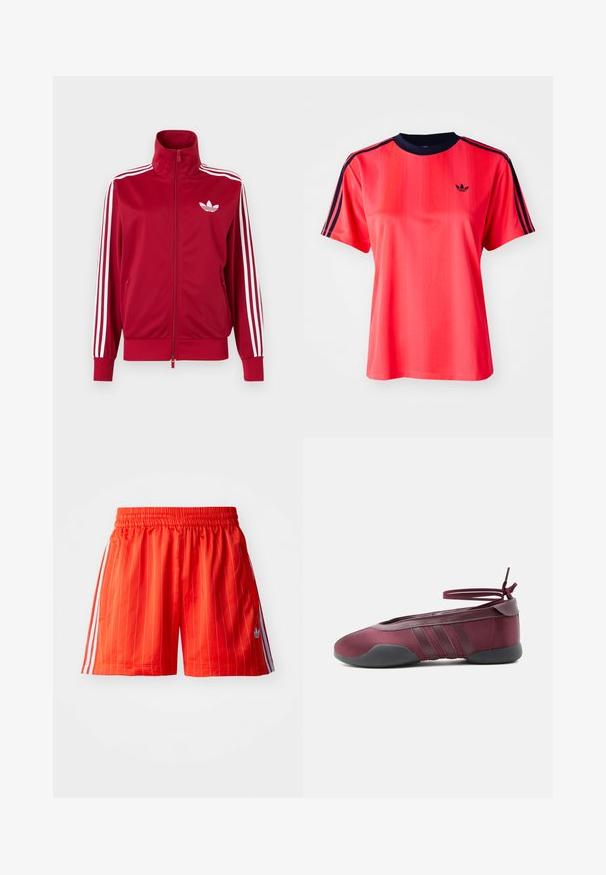 Punainen urheilutakki valkoisilla kolmen raidan yksityiskohdilla hihoissa, koko etuosan vetoketju, korkea kaulus ja valkoinen Adidas-trefoil-logo rinnassa.; Punainen urheilu t-paita lyhyillä hihoilla, jossa on pystysuorat raidat, tummansininen pyöreä kaulus ja pieni musta logo edessä.; Punaiset urheilushortsit, joissa on pystysuorat valkoiset raidat, joustava vyötärö ja vaaleansiniset yksityiskohdat sivuilla. Sisältää sivutaskut.; Viininpunainen ballerinatossu mustalla pohjalla, joustavat nilkkaremmit rusetilla sidottuina ja sivuilla tikatut yksityiskohdat, esitetty ulkopuolelta.