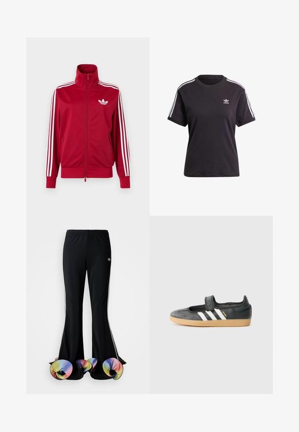 Punane jope valgete kolme triibuga varrukatel, täis ees lukk, kõrge krae ja valge Adidas trefoili logo rinnal.; Must kõrge kaelusega must puuvillane T-särk lühikeste varrukatega, millel on valged triibud õlgadel ja väike valge Adidas'i logo rinna peal.; Mustad mustad spordipüksid laia flare-disainiga. Omavad värvilisi, ripsmetega alumisi servi ja valgeid külgtriibe. Valmistatud venivast kangast.; Mustmust ja sametist sneaker, millel on Velcro rihm, kolm valget triipu ja kummi tallad, küljel on silt "SAMBA".